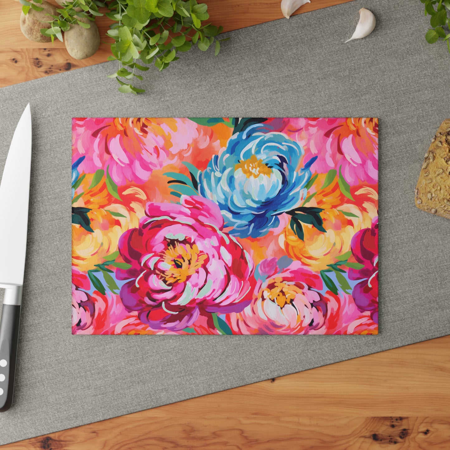 Painted Peonies Glass Cutting Board