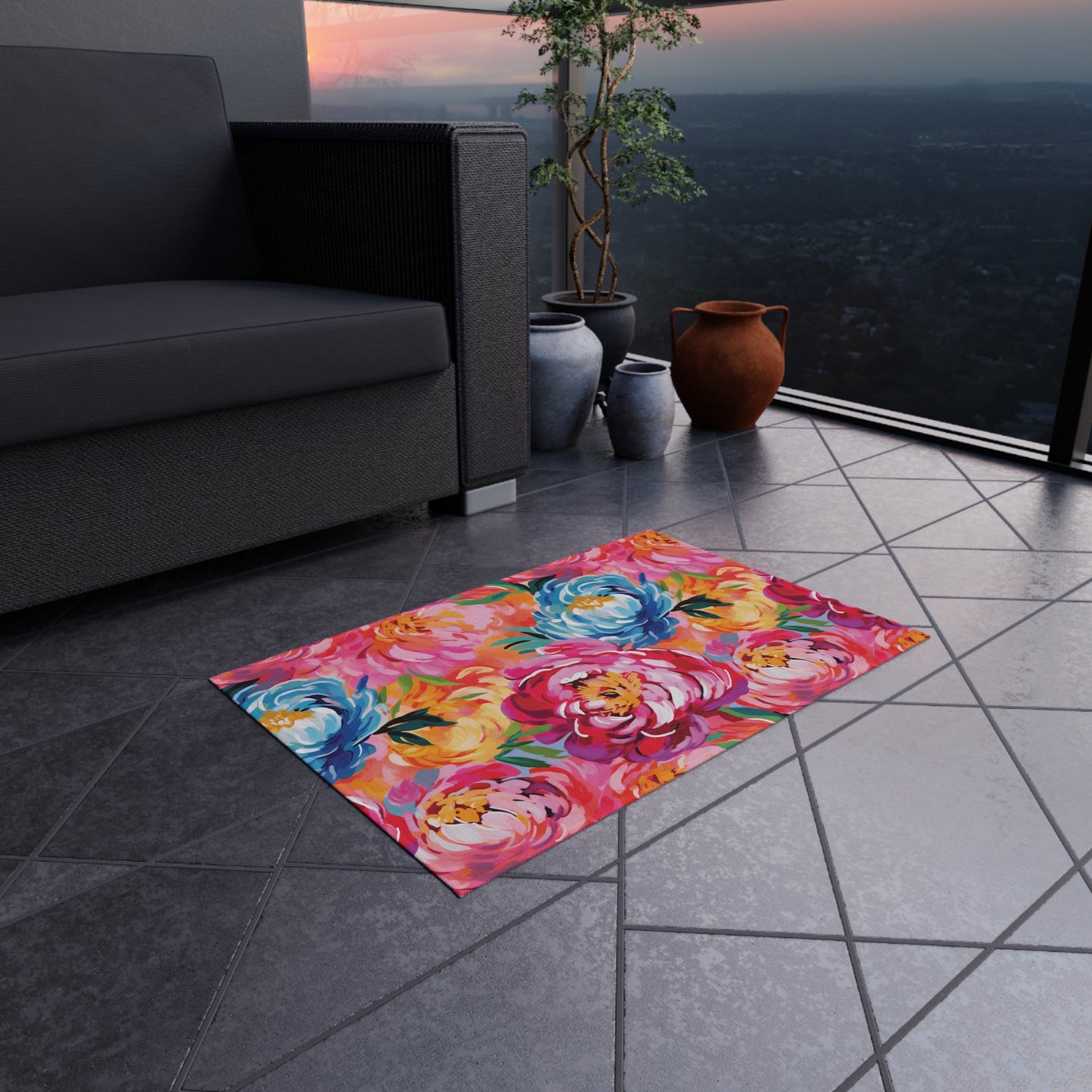 Painted Peonies Outdoor Rug