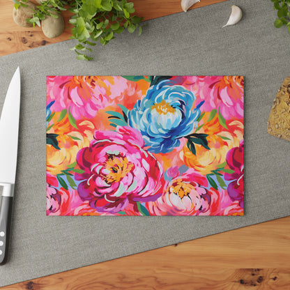 Painted Peonies Glass Cutting Board
