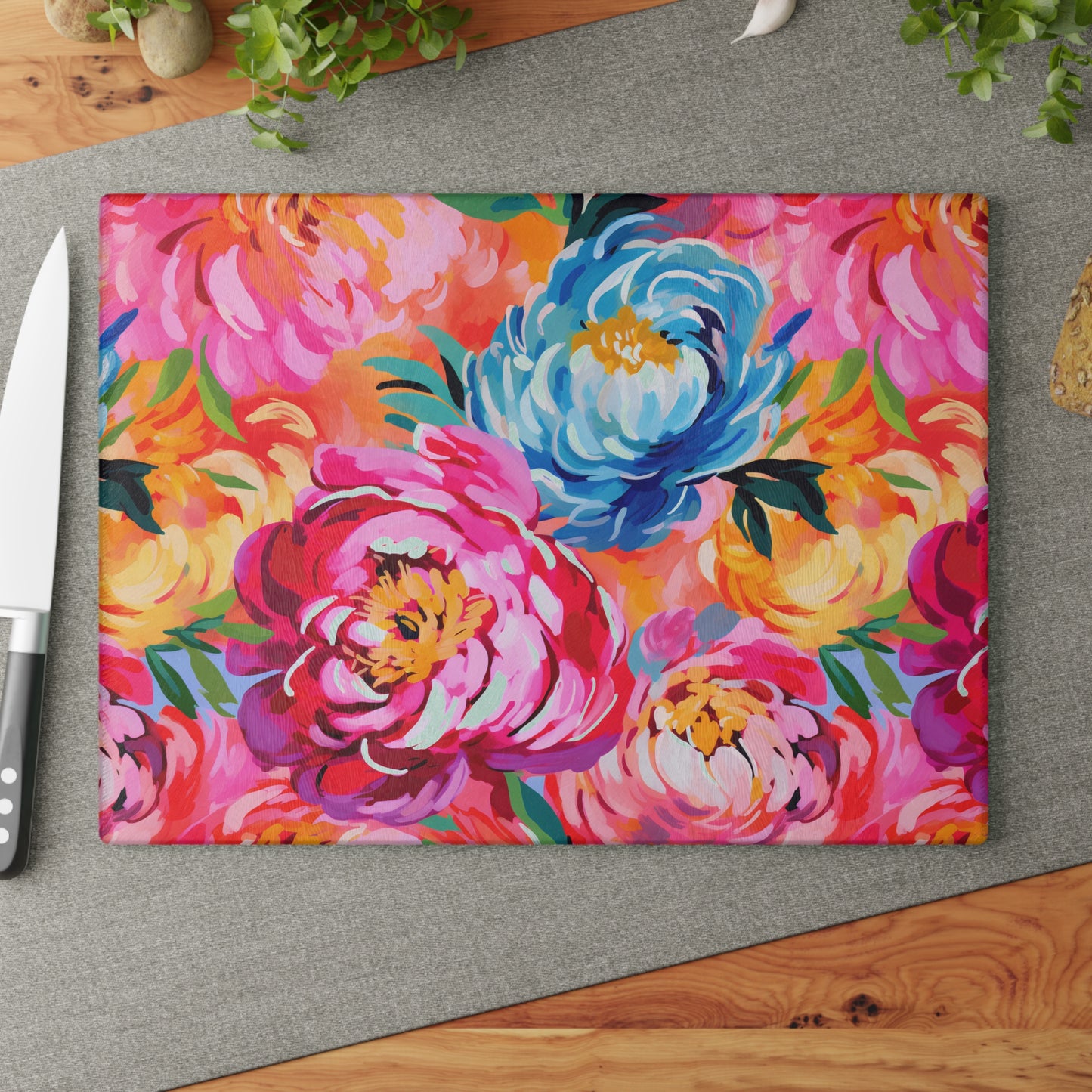 Painted Peonies Glass Cutting Board
