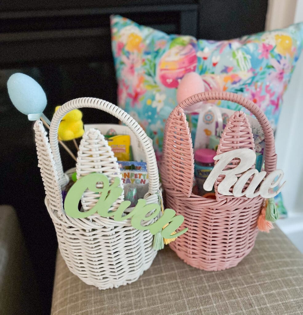 2 Easter baskets with Custom Easter Basket Name Tags