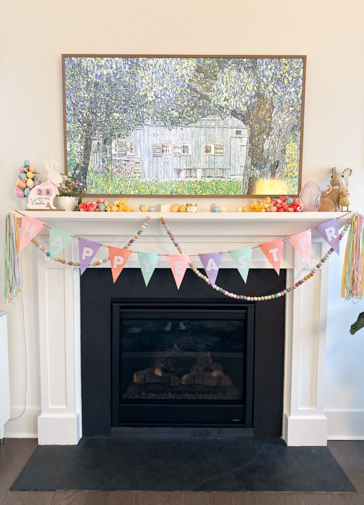 DIY Easter Felt Garland and colorful Easter decor on spring decorated mantle