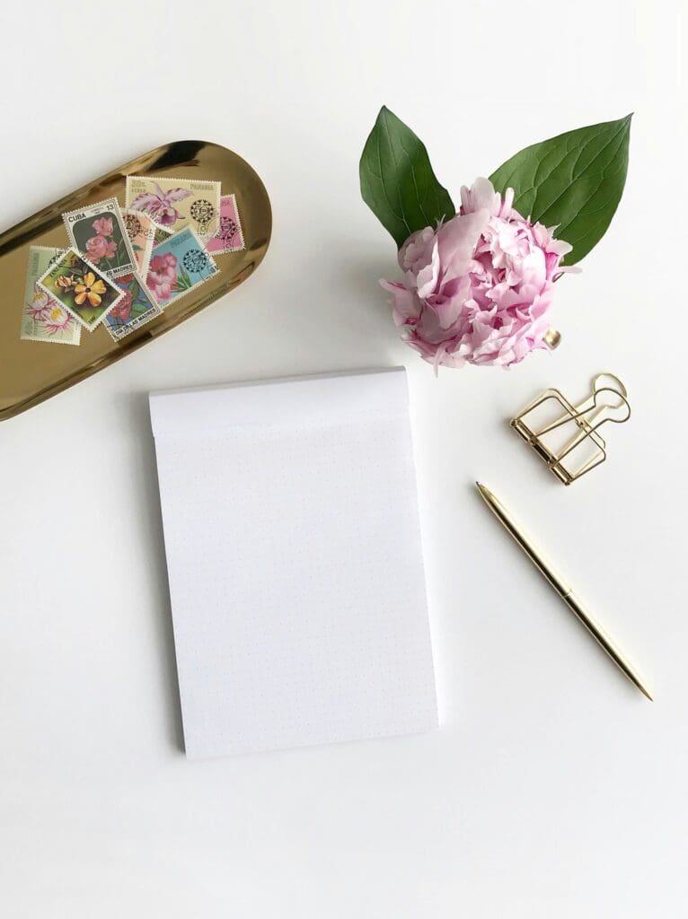 Dot grid notebook with pink peony nearby for inspiration